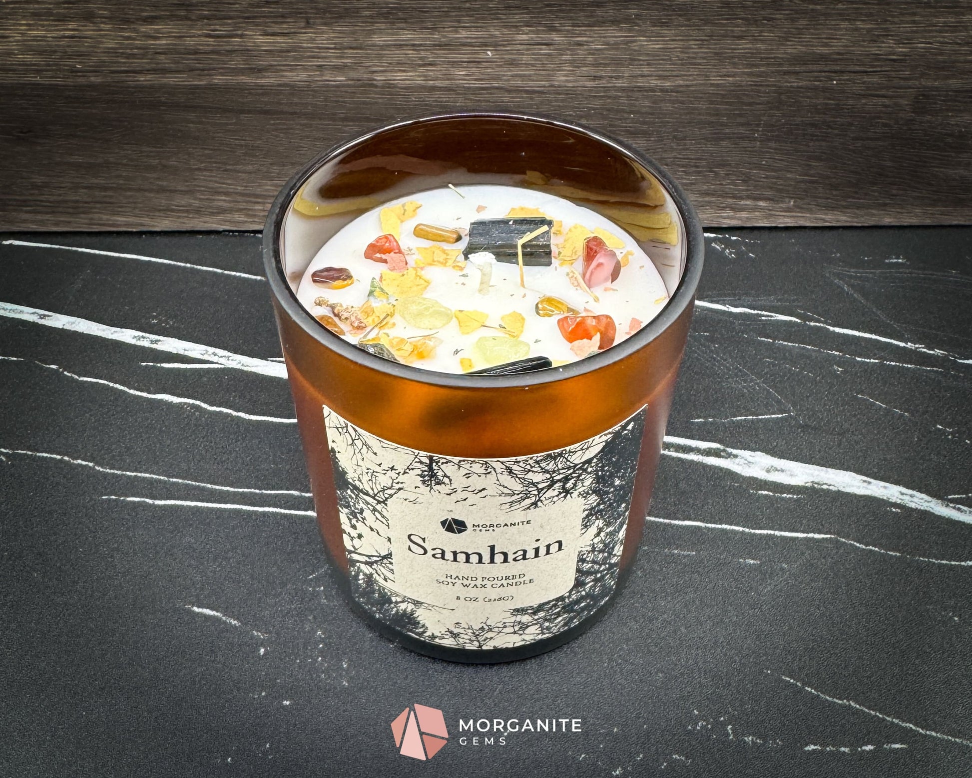 Samhain Soy Candle – 8 oz Brown Frosted Glass | Crystal & Herb Fall Candle | Witchy Decor Halloween Ritual Ancestor