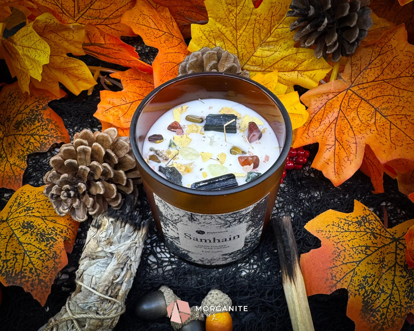 Samhain Soy Candle – 8 oz Brown Frosted Glass | Crystal & Herb Fall Candle | Witchy Decor Halloween Ritual Ancestor