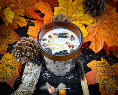 Samhain Soy Candle – 8 oz Brown Frosted Glass | Crystal & Herb Fall Candle | Witchy Decor Halloween Ritual Ancestor