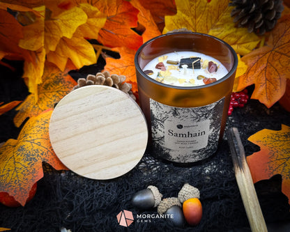 Samhain Soy Candle – 8 oz Brown Frosted Glass | Crystal & Herb Fall Candle | Witchy Decor Halloween Ritual Ancestor