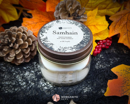 4 oz Samhain Candle – Rustic Fall Candle | Crystals & Herbs | Smoky Amber Apple Scent - Container Candles