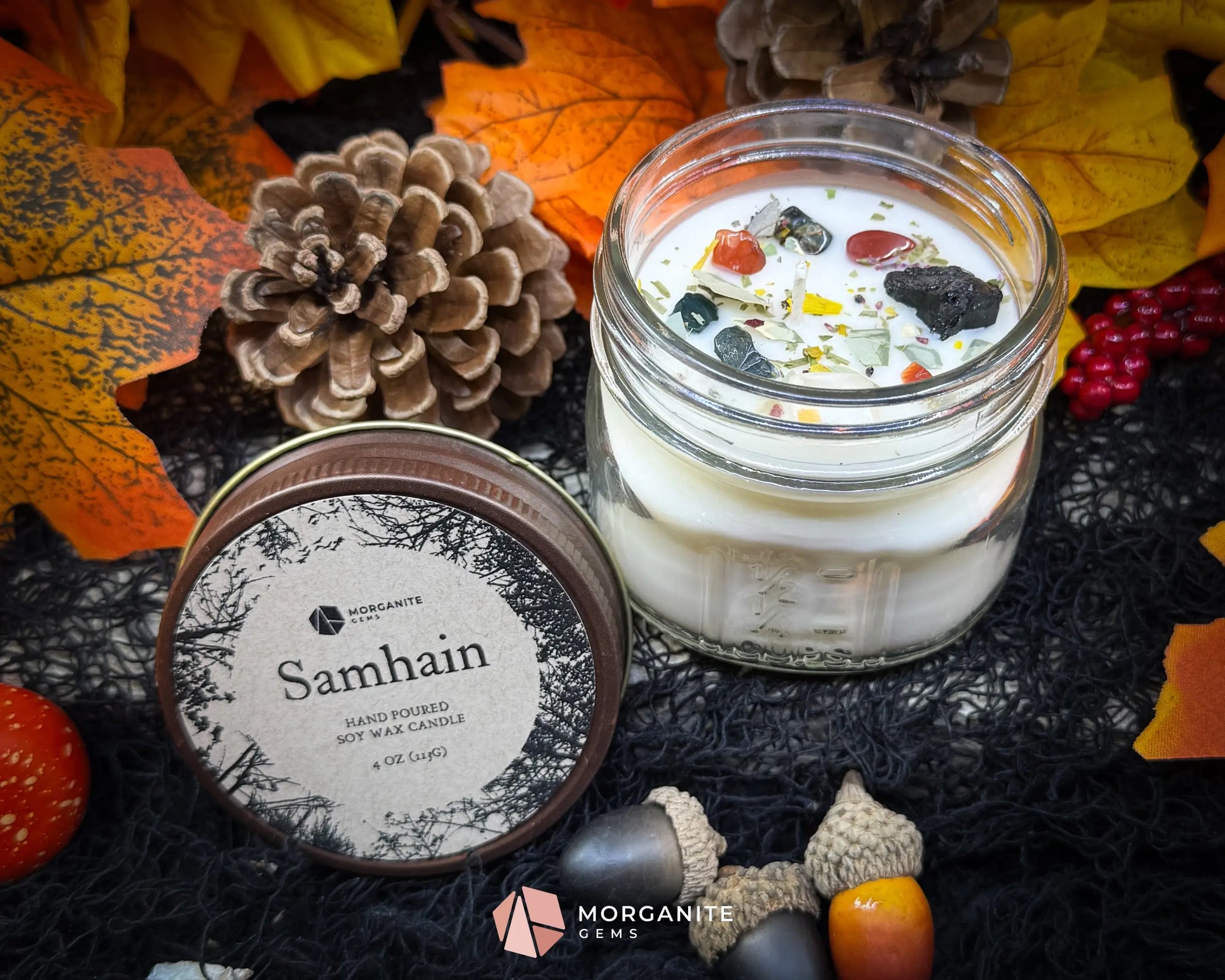 4 oz Samhain Candle – Rustic Fall Candle | Crystals & Herbs | Smoky Amber Apple Scent - Container Candles