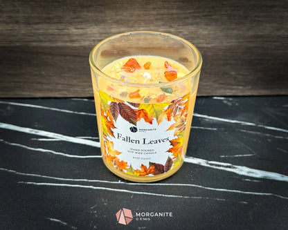 6 oz Fallen Leaves Candle – Autumn Soy Candle with Crystals & Dried Leaves | Apple Berry Fall Scent | Cozy Gift Idea