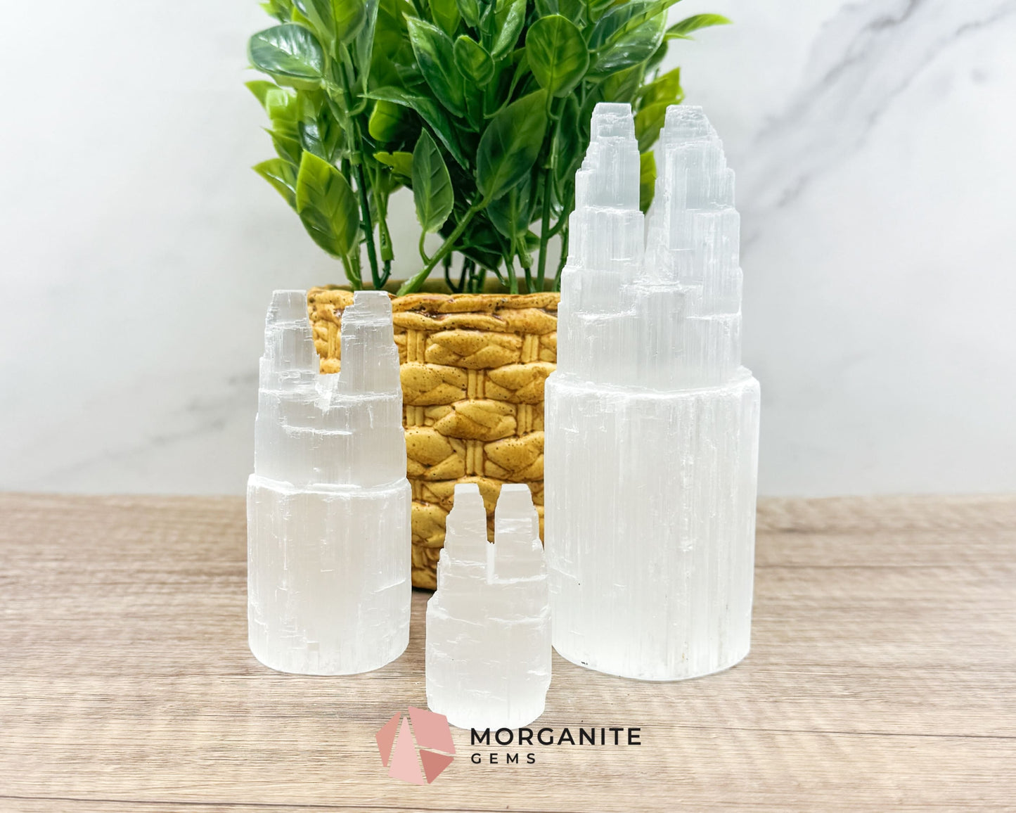 Selenite Twin Towers – Multiple Sizes for Energy and Elegance-Morganite Gems