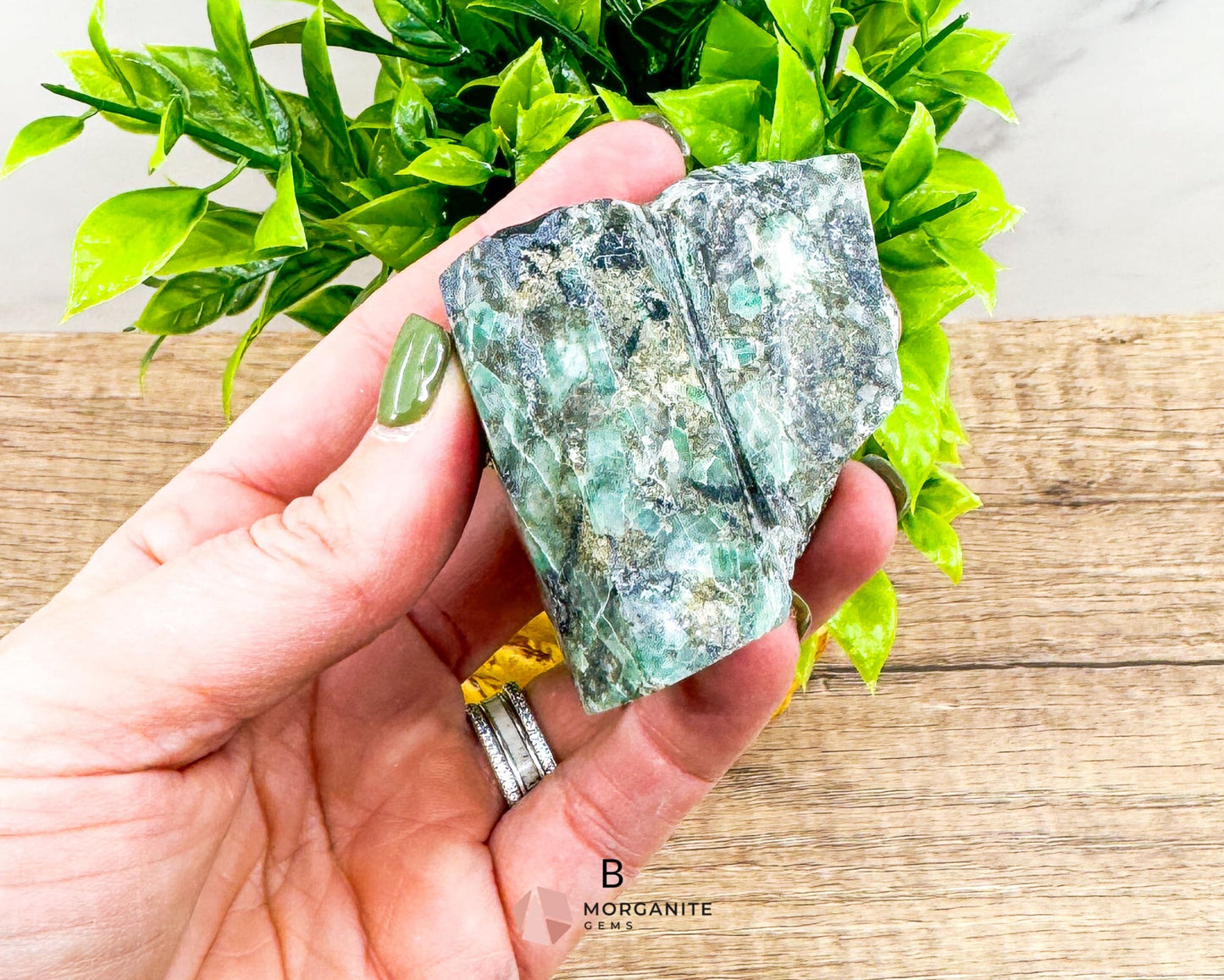 Semi-Polished Beryl Emerald in Feldspar and Biotite – Unique Mineral Specimen-Morganite Gems