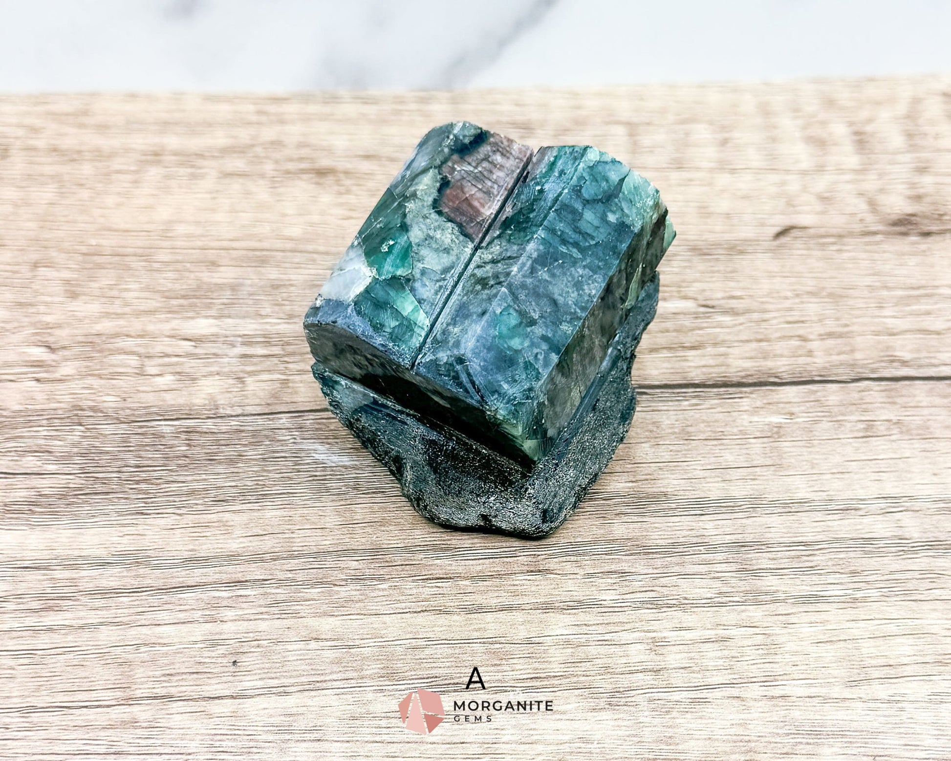 Semi-Polished Beryl Emerald in Feldspar and Biotite – Unique Mineral Specimen-Morganite Gems