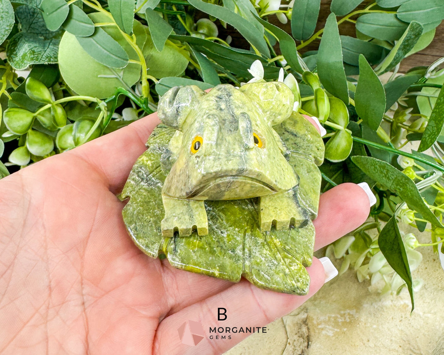 Serpentine Frog on Lily Pad – Hand-Carved Crystal Animal Figurine (Choose A or B 2’’) - Metaphysical Crystals