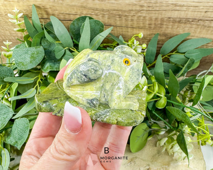 Serpentine Frog on Lily Pad – Hand-Carved Crystal Animal Figurine (Choose A or B 2’’) - Metaphysical Crystals
