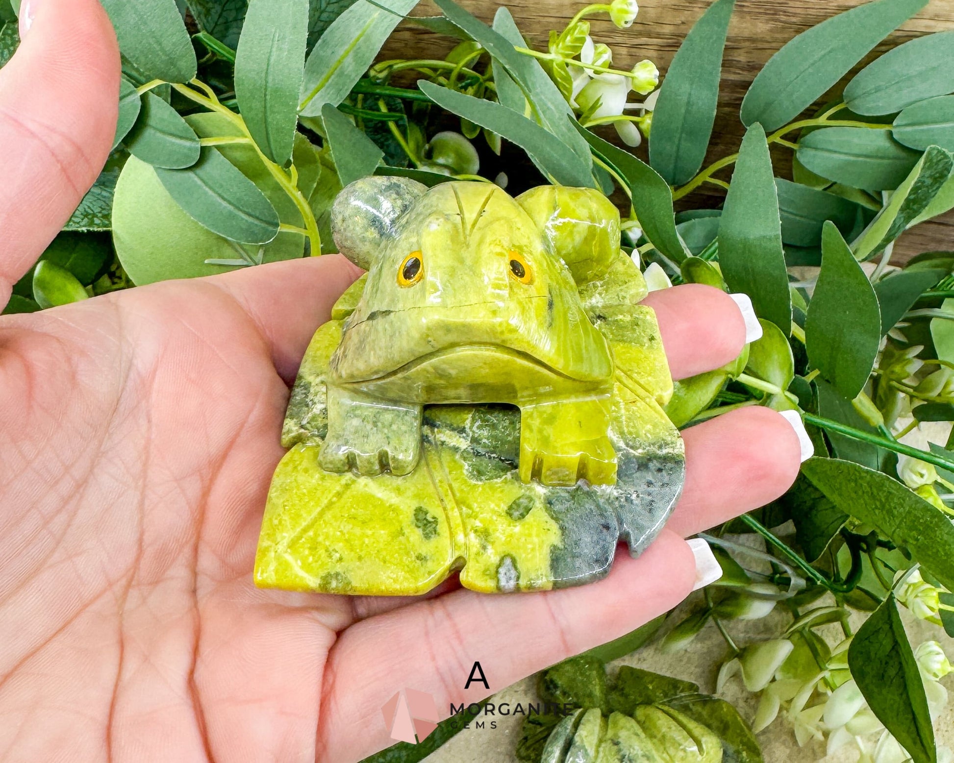 Serpentine Frog on Lily Pad – Hand-Carved Crystal Animal Figurine (Choose A or B 2’’) - Metaphysical Crystals