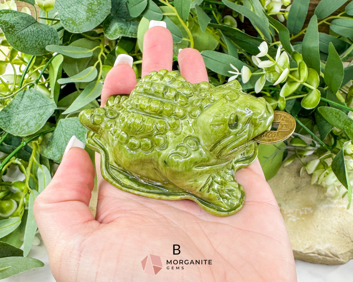 Serpentine Money Frog with Coin – Hand-Carved Crystal Toad for Wealth & Abundance - Metaphysical Crystals