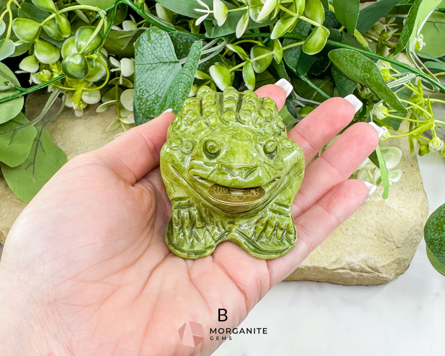 Serpentine Money Frog with Coin – Hand-Carved Crystal Toad for Wealth & Abundance - B - Metaphysical Crystals