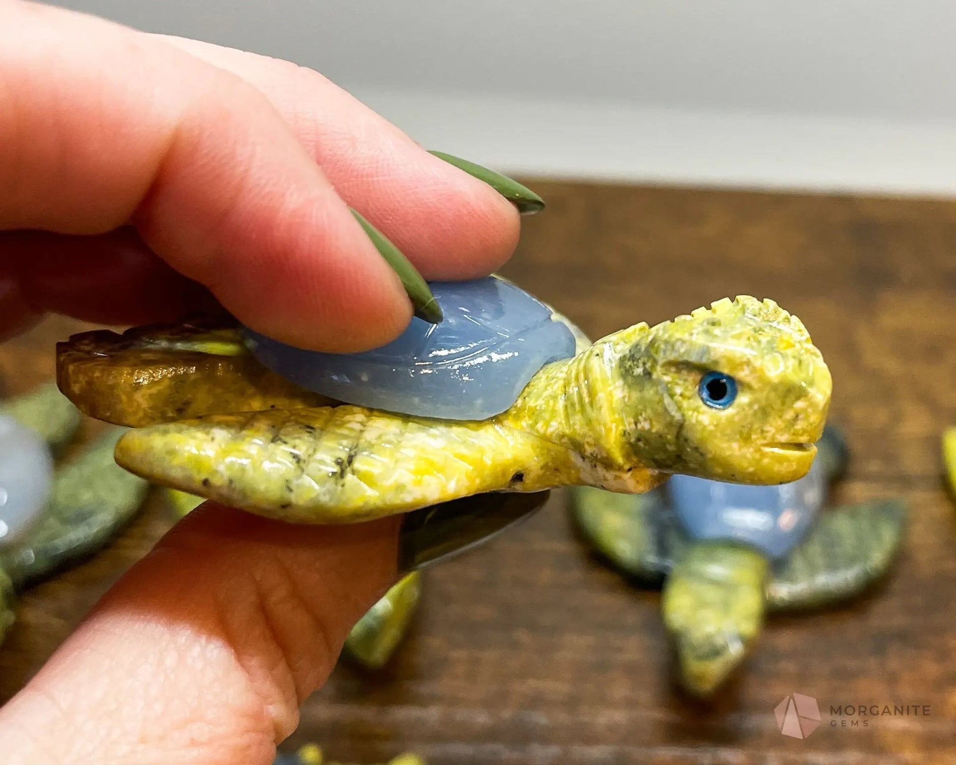Serpentine Turtle Animal Carving-Morganite Gems
