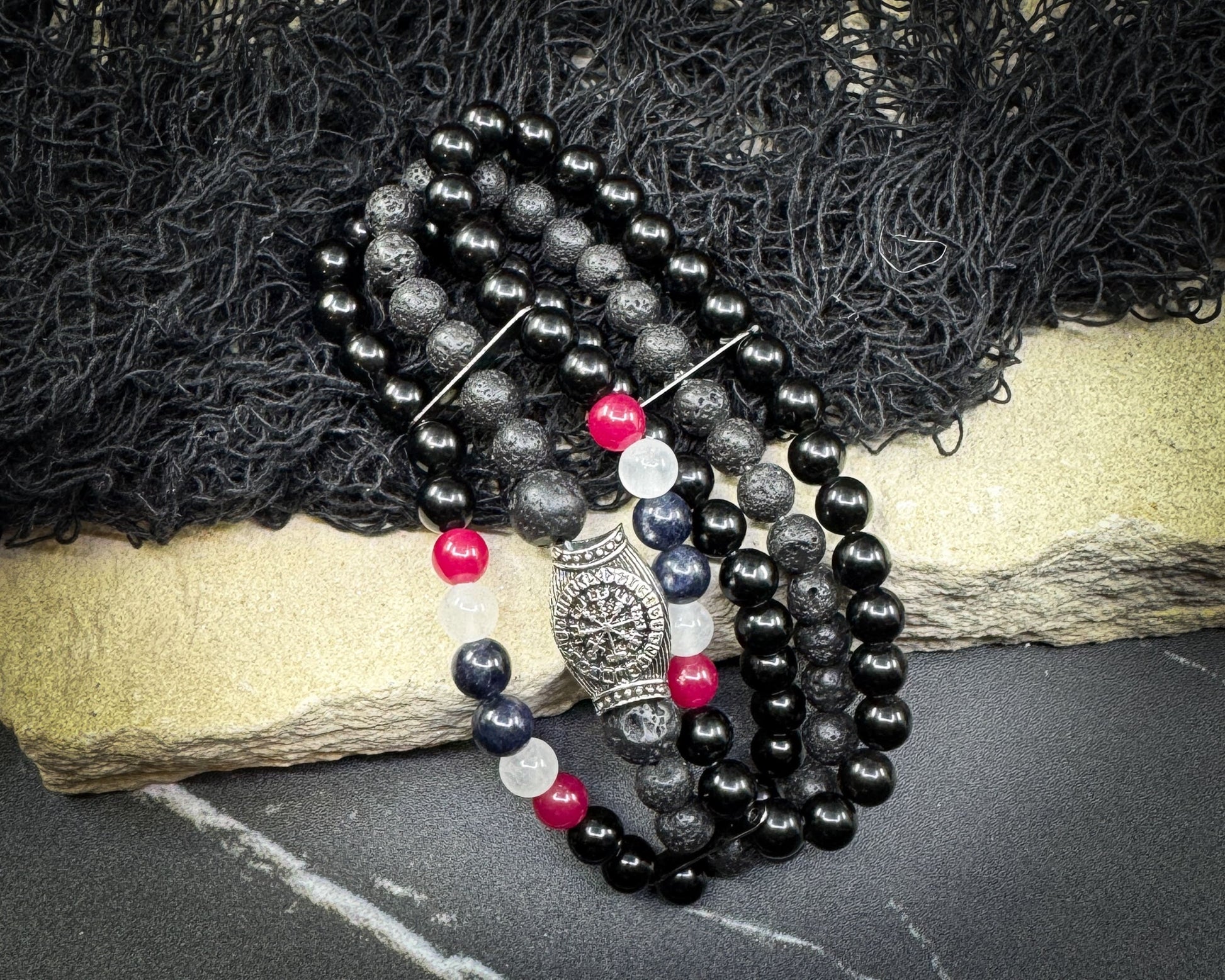 Nordic Gemstones Helm of Awe Bracelet – Triple Strand Ruby Sapphire Selenite Lava & Blue Obsidian - Jewelry