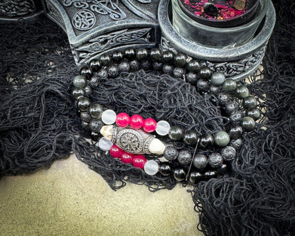 Nordic Gemstones Helm of Awe Bracelet – Triple Strand Ruby Selenite Blue Obsidian Lava & Skull - Jewelry