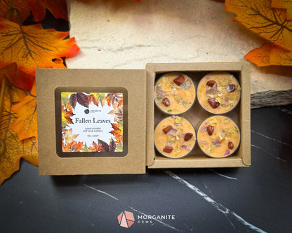 Tealight Fall Candle Set – 4-Pack Fallen Leaves Scent | Autumn Soy Candles with Crystals | Cinnamon Apple Citrus