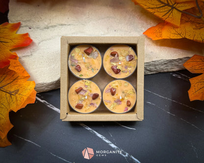 Tealight Fall Candle Set – 4-Pack Fallen Leaves Scent | Autumn Soy Candles with Crystals | Cinnamon Apple Citrus