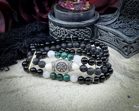 Nordic Gemstones Helm of Awe Bracelet – Triple Strand Emerald Selenite Onyx Lava Stone & Skull - Jewelry