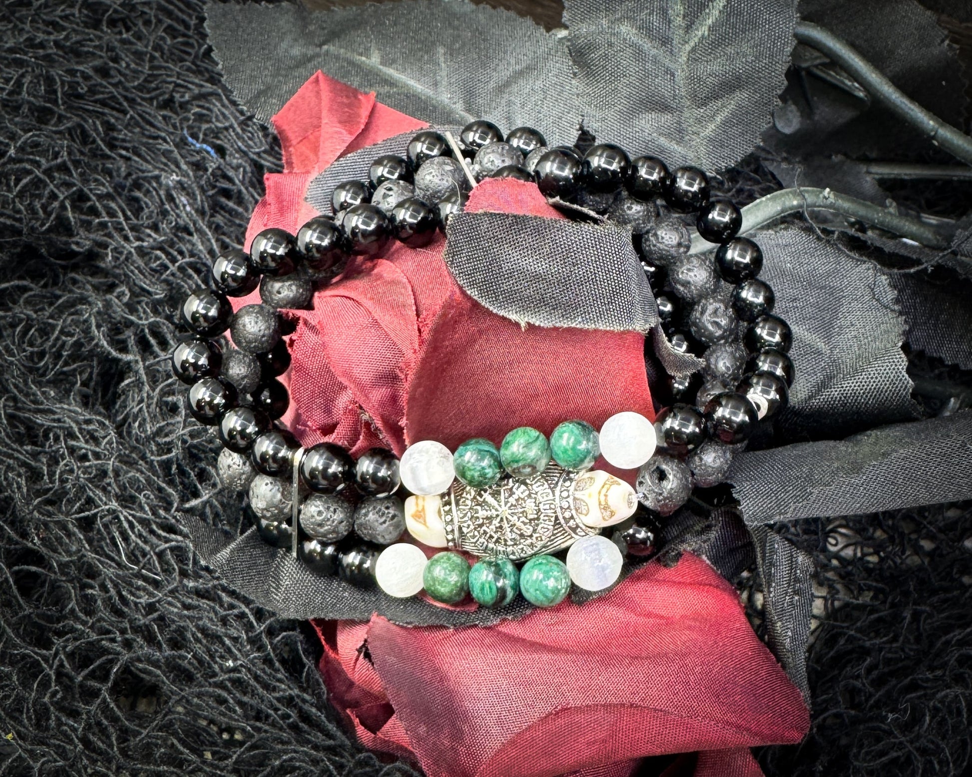 Nordic Gemstones Helm of Awe Bracelet – Triple Strand Emerald Selenite Onyx Lava Stone & Skull - Jewelry