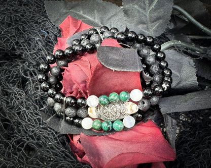Nordic Gemstones Helm of Awe Bracelet – Triple Strand Emerald Selenite Onyx Lava Stone & Skull - Jewelry