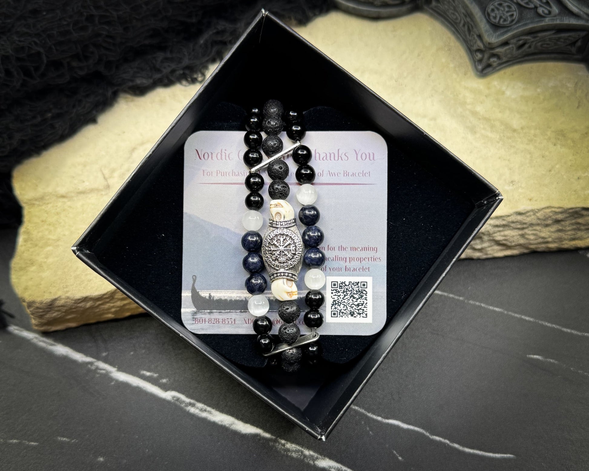 Nordic Gemstones Helm of Awe Bracelet – Triple Strand Sapphire Selenite Black Onyx Lava Stone & Skull - Jewelry