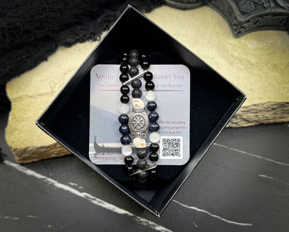 Nordic Gemstones Helm of Awe Bracelet – Triple Strand Sapphire Selenite Black Onyx Lava Stone & Skull - Jewelry