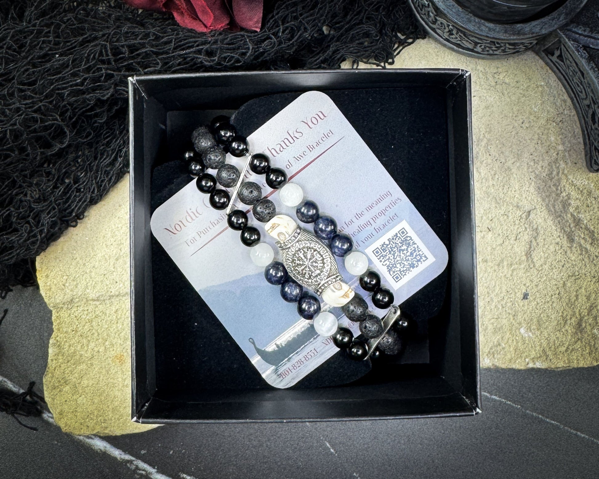 Nordic Gemstones Helm of Awe Bracelet – Triple Strand Sapphire Selenite Black Onyx Lava Stone & Skull - Jewelry