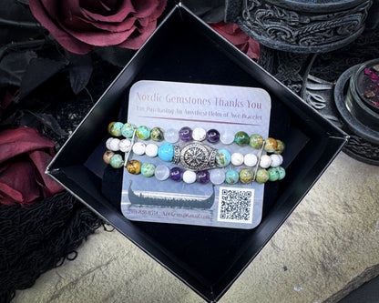 Nordic Gemstones Helm of Awe Bracelet – Triple Strand Amethyst Selenite Turquoise & White Turquoise - Jewelry