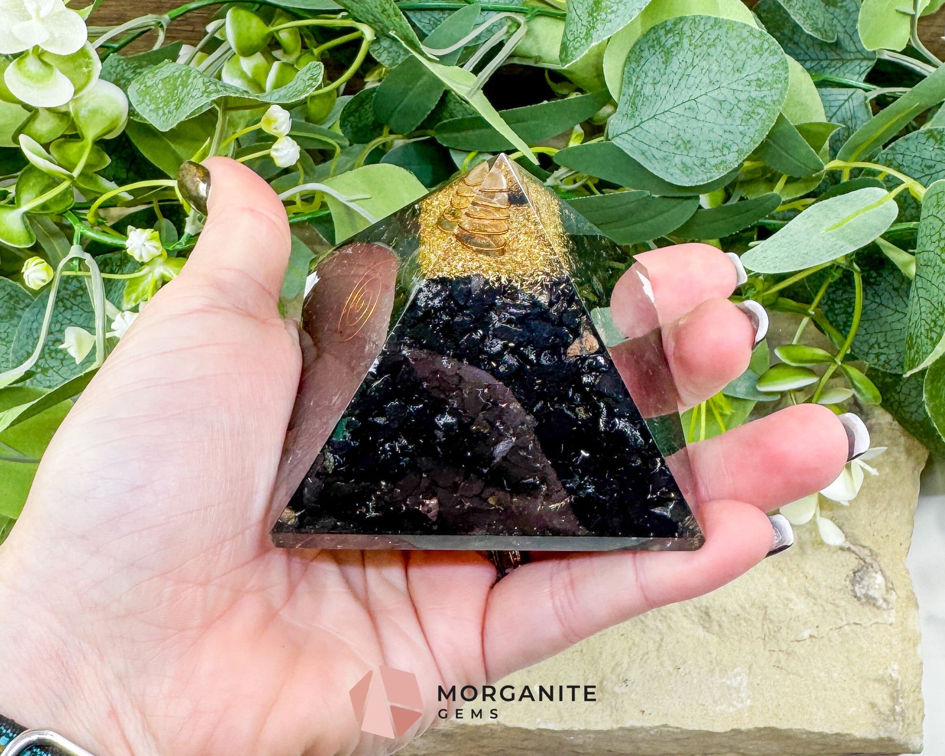 Shungite Orgonite Pyramid with Clear Quartz Point – Energy Protection & Grounding Tool (Approx. 2.7’’) - Metaphysical