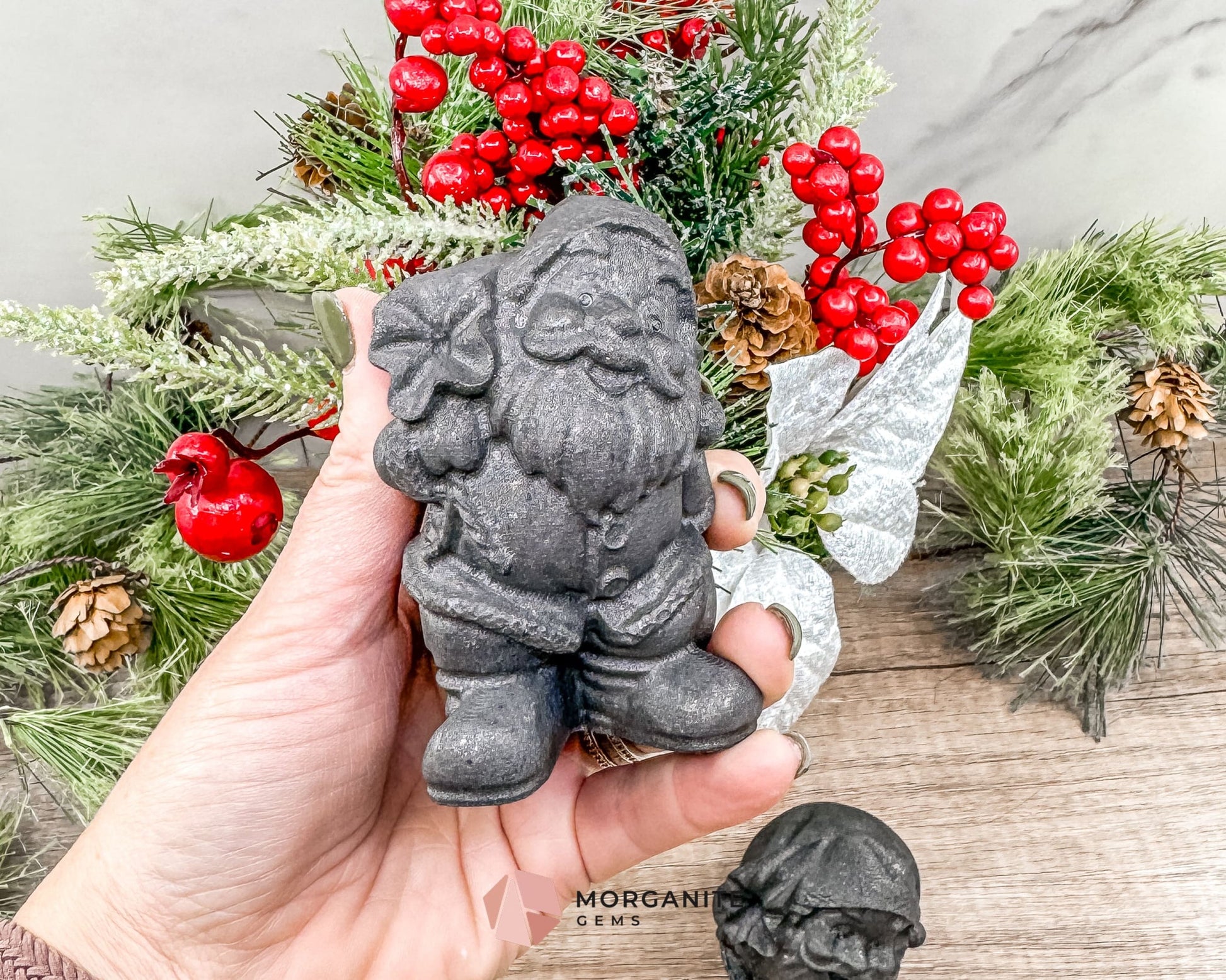 Shungite Santa Claus Carving – Festive Elegance in Natural Stone-Morganite Gems