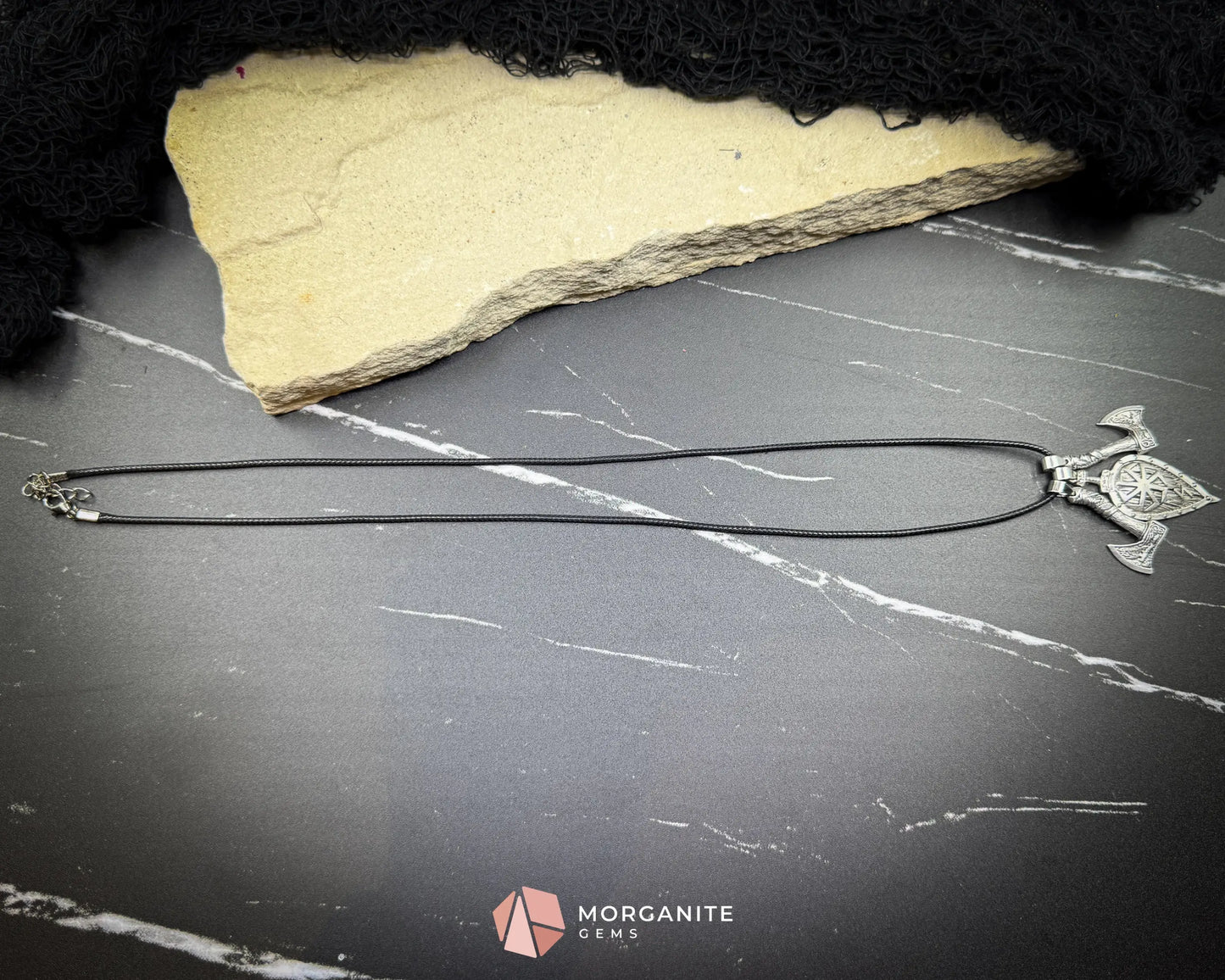 Viking Double Axe Leaf Pendant Necklace – Alloy Amulet on Black Nylon Cord - Jewelry