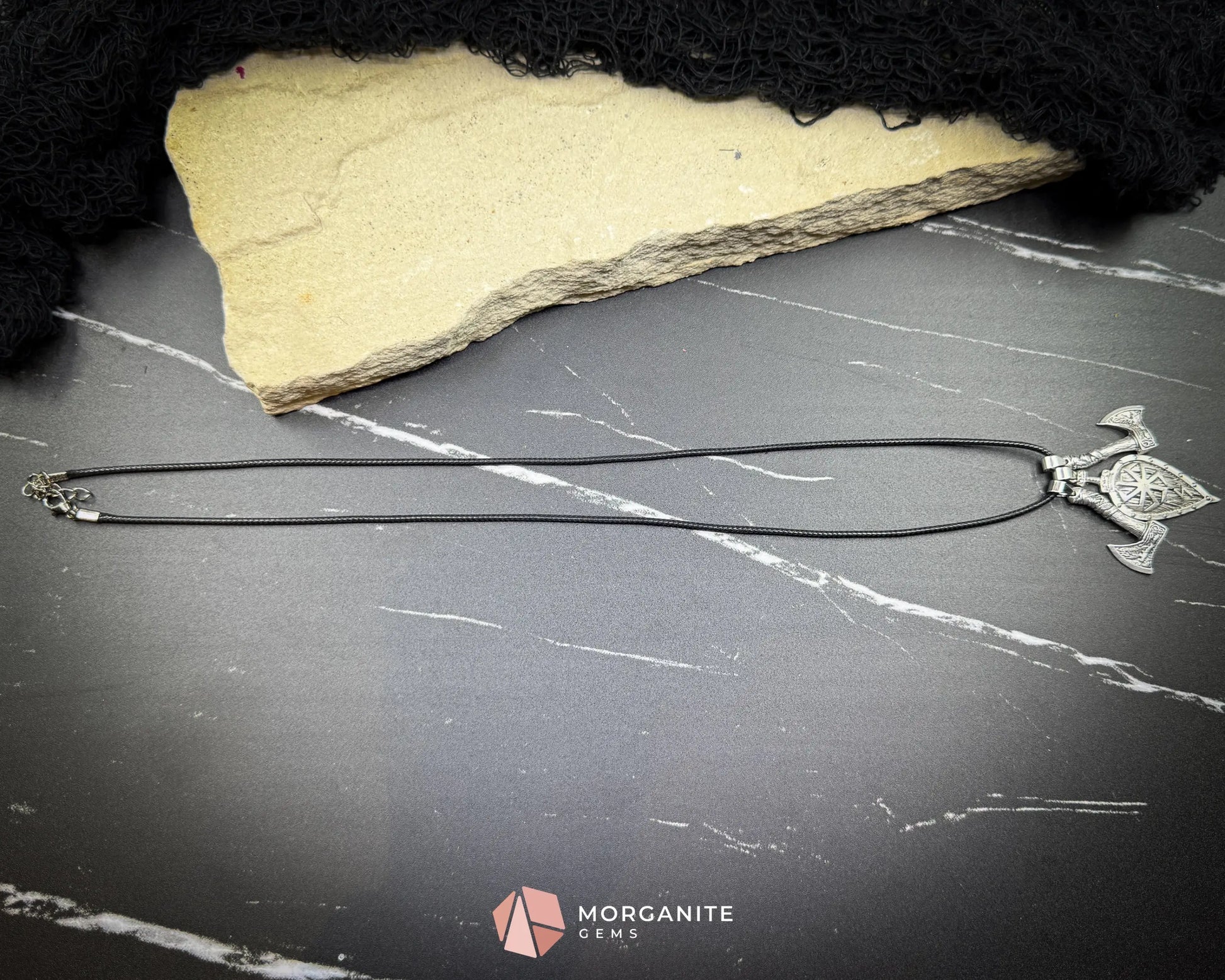 Viking Double Axe Leaf Pendant Necklace – Alloy Amulet on Black Nylon Cord - Jewelry