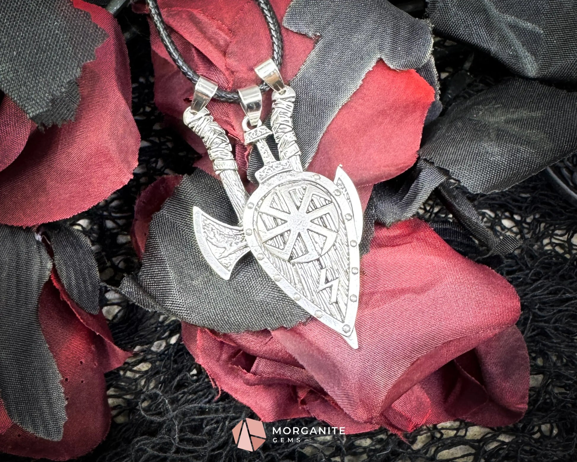 Viking Double Axe Leaf Pendant Necklace – Alloy Amulet on Black Nylon Cord - Jewelry