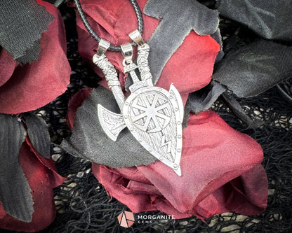 Viking Double Axe Leaf Pendant Necklace – Alloy Amulet on Black Nylon Cord - Jewelry