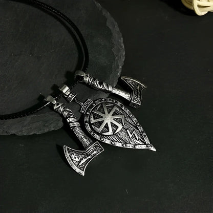 Viking Double Axe Leaf Pendant Men’s Necklace - Silver