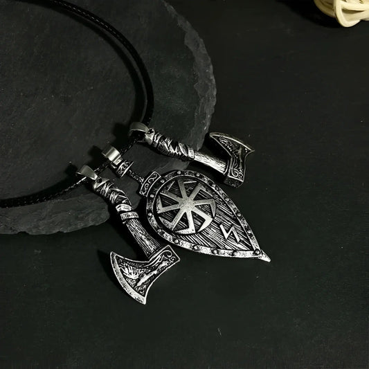 Viking Double Axe Leaf Pendant Men’s Necklace - Silver