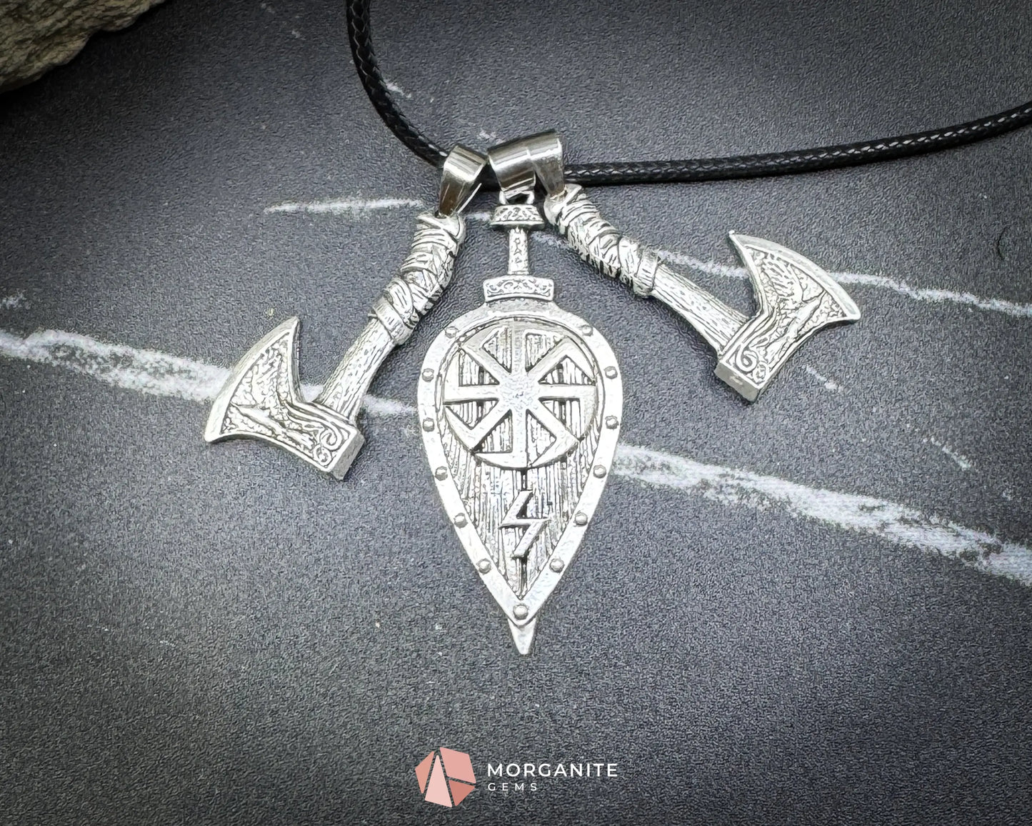 Viking Double Axe Leaf Pendant Necklace – Alloy Amulet on Black Nylon Cord - Jewelry