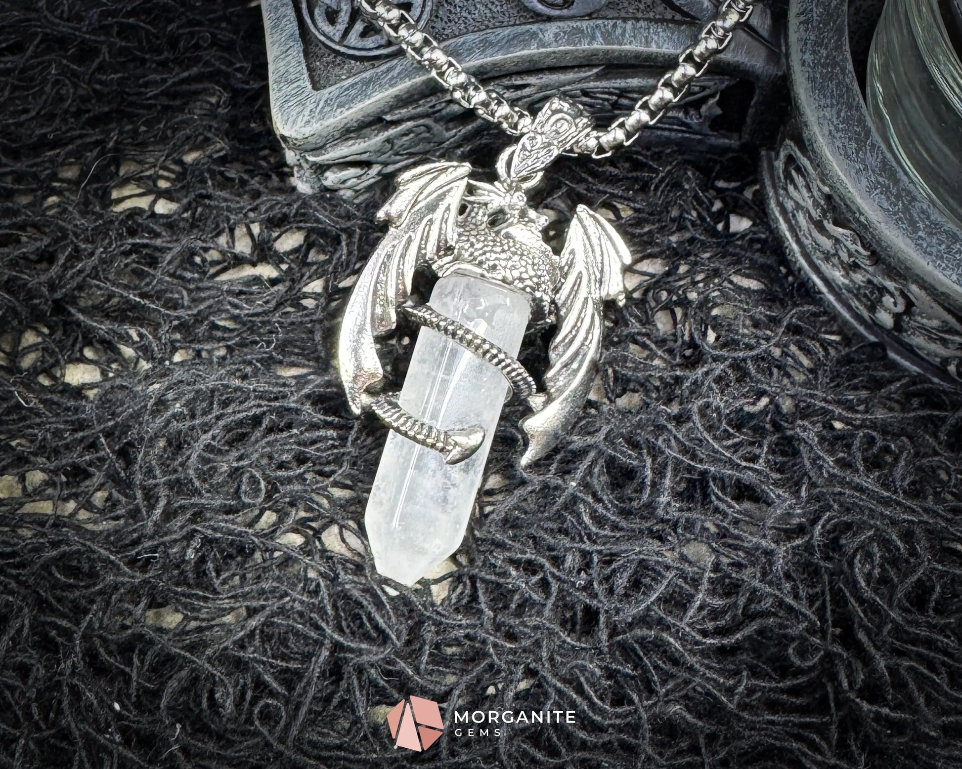 Clear Crystal Dragon Pendant Necklace – Fantasy Amulet on 60cm Chain - Crystal Necklaces