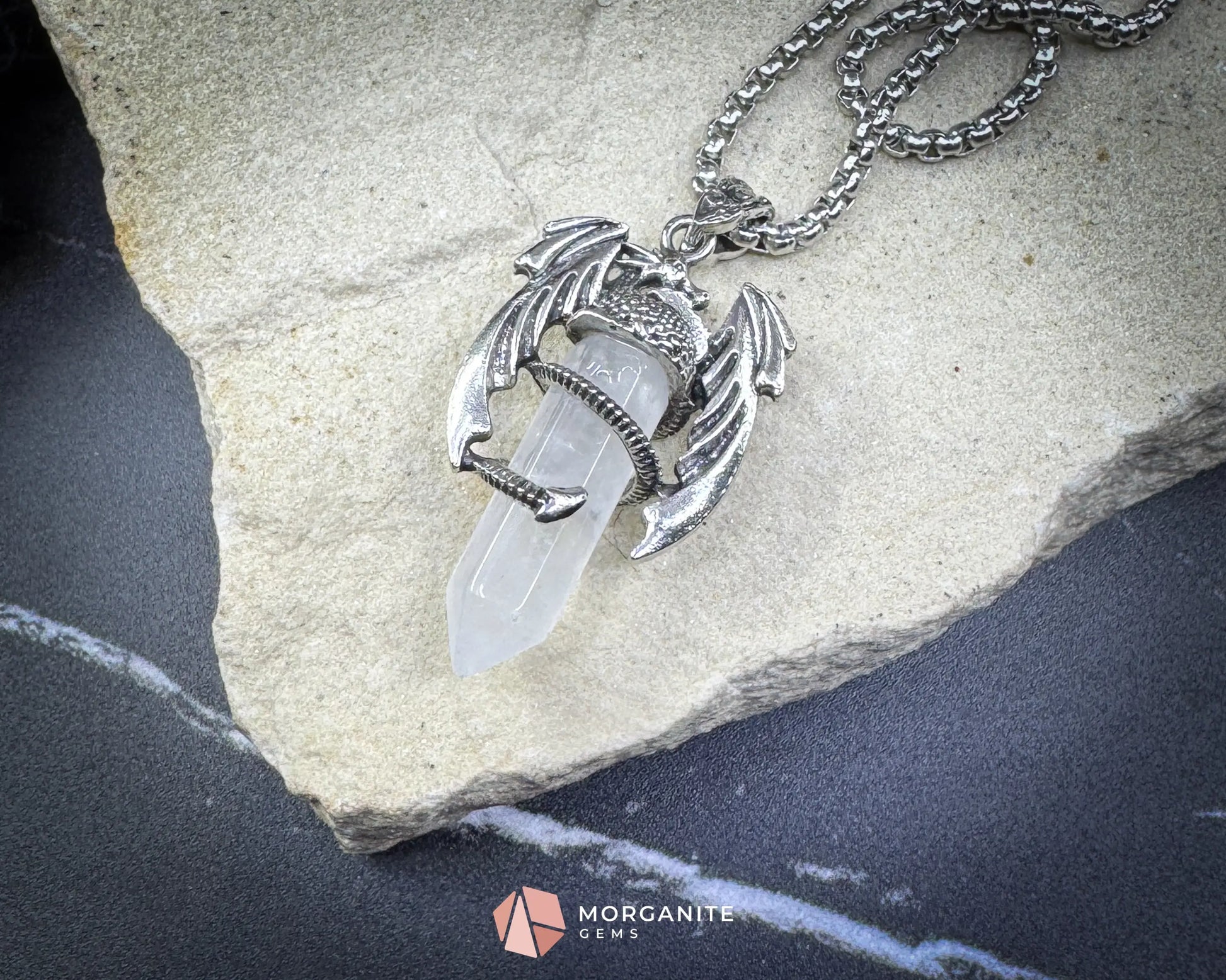 Clear Crystal Dragon Pendant Necklace – Fantasy Amulet on 60cm Chain - Crystal Necklaces