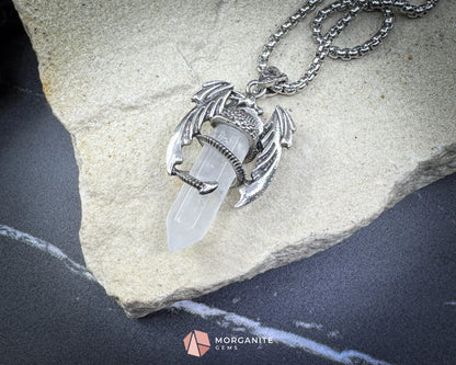 Clear Crystal Dragon Pendant Necklace – Fantasy Amulet on 60cm Chain - Crystal Necklaces