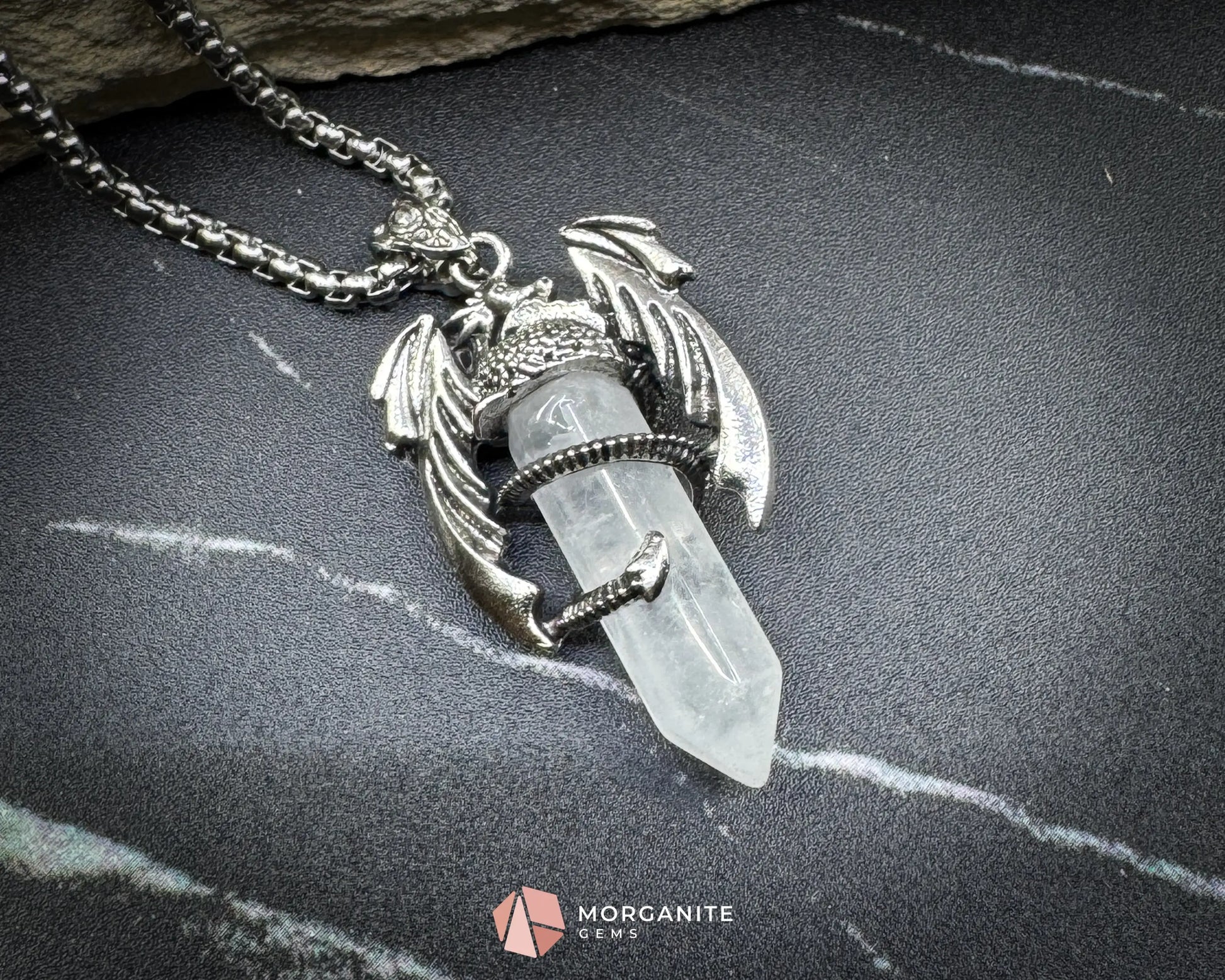 Clear Crystal Dragon Pendant Necklace – Fantasy Amulet on 60cm Chain - Crystal Necklaces
