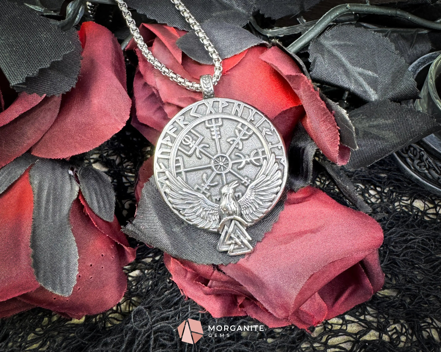 Viking Rune with Raven Pendant Necklace – Stainless Steel Norse Amulet - Jewelry