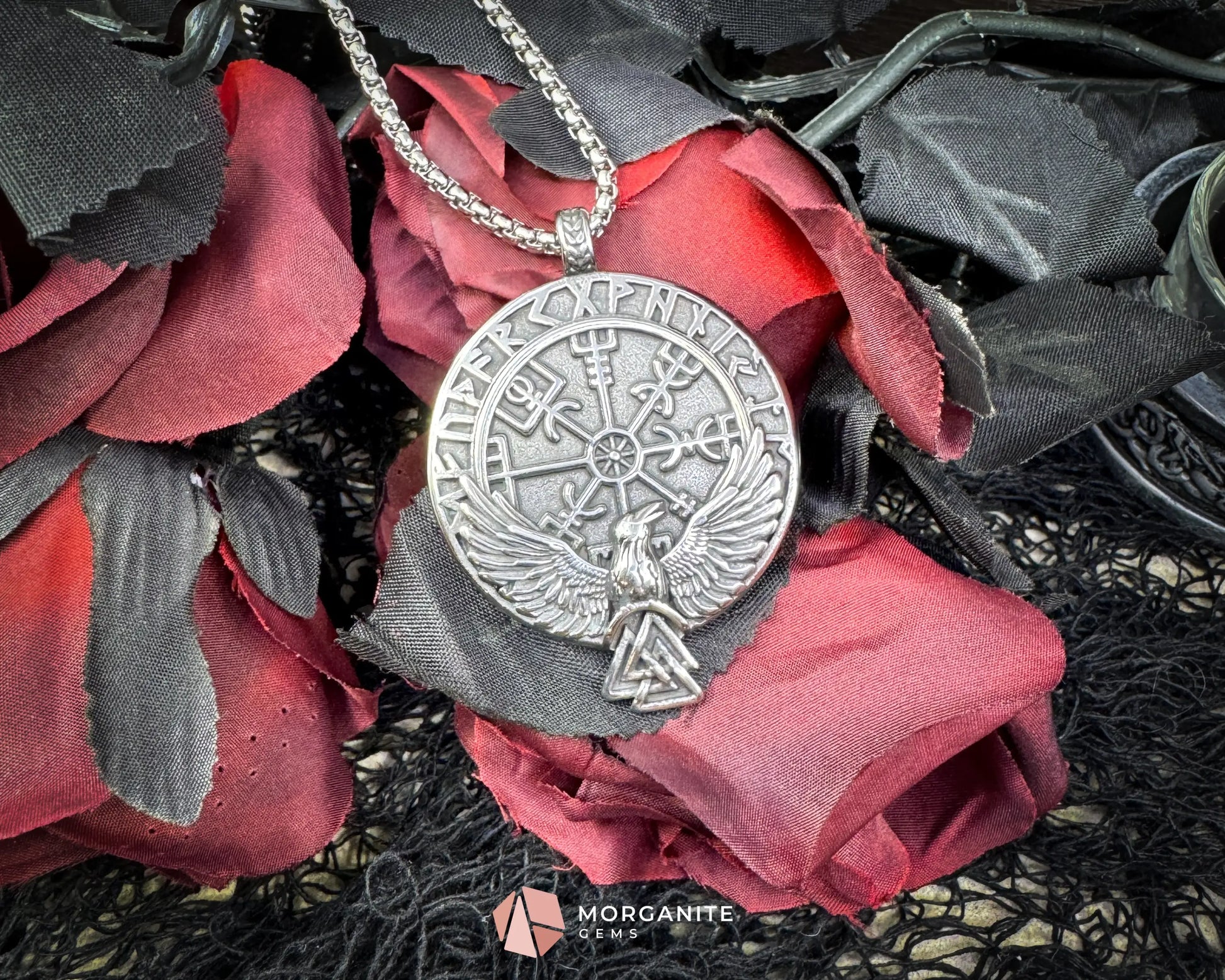 Viking Rune with Raven Pendant Necklace – Stainless Steel Norse Amulet - Jewelry