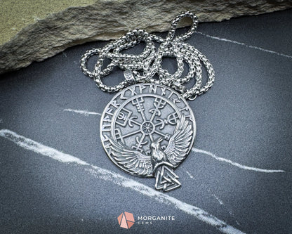 Viking Rune with Raven Pendant Necklace – Stainless Steel Norse Amulet - Jewelry