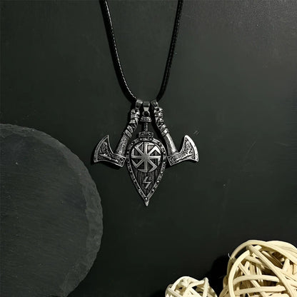 Viking Double Axe Leaf Pendant Men’s Necklace - Silver