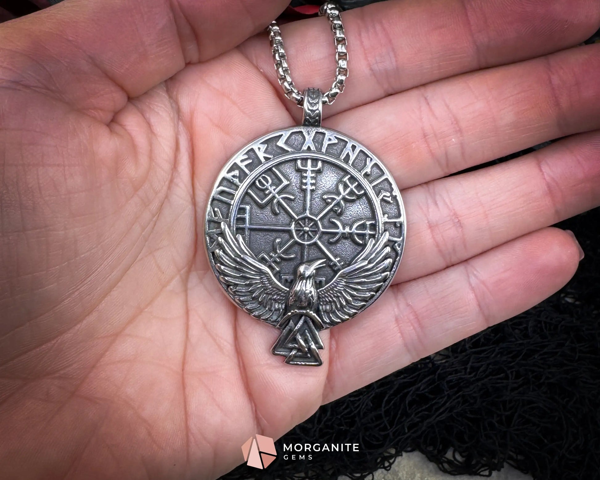 Viking Rune with Raven Pendant Necklace – Stainless Steel Norse Amulet - Jewelry