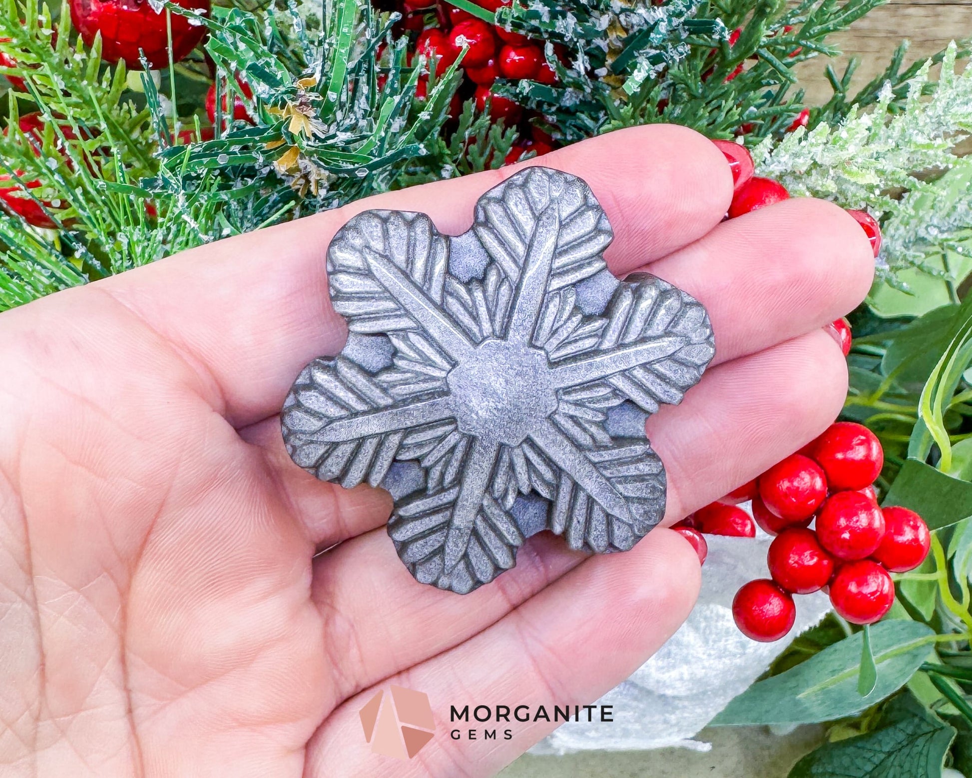 Silver Sheen Obsidian Snowflake Carving (1.5oz) - Holiday Decor Protection & Lunar Energy Talisman - Metaphysical