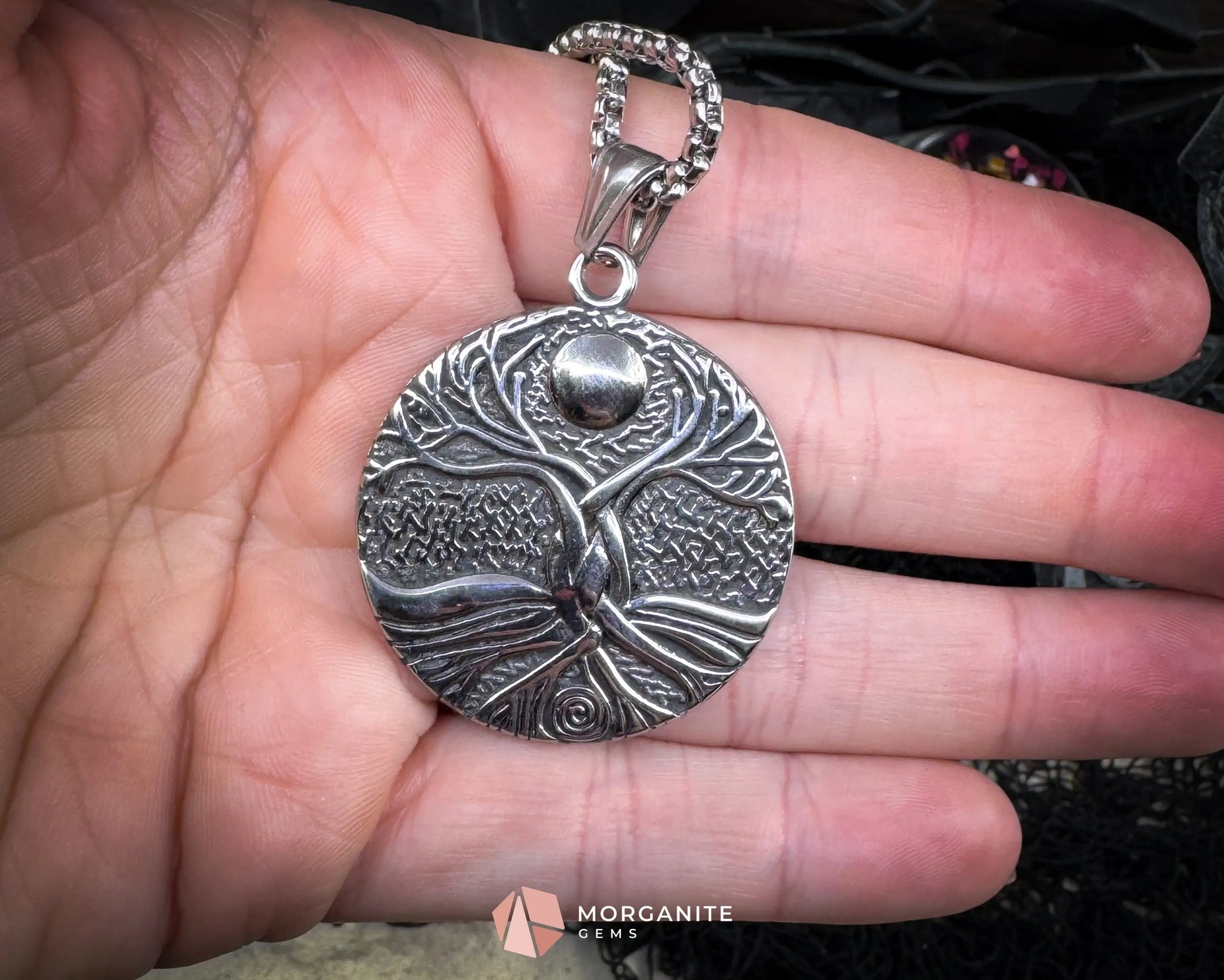 Viking Tree of Life with Moon Pendant Necklace – Stainless Steel Yggdrasil Amulet
