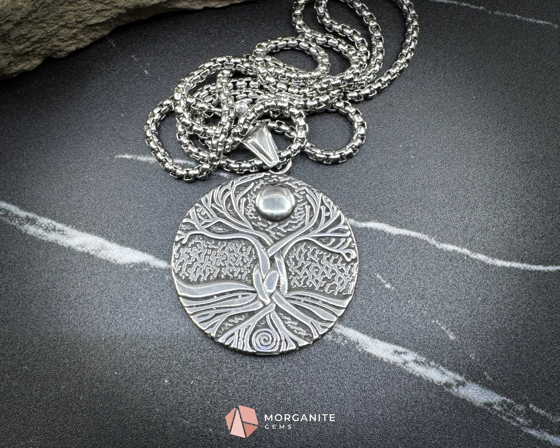 Viking Tree of Life with Moon Pendant Necklace – Stainless Steel Yggdrasil Amulet