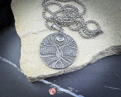 Viking Tree of Life with Moon Pendant Necklace – Stainless Steel Yggdrasil Amulet