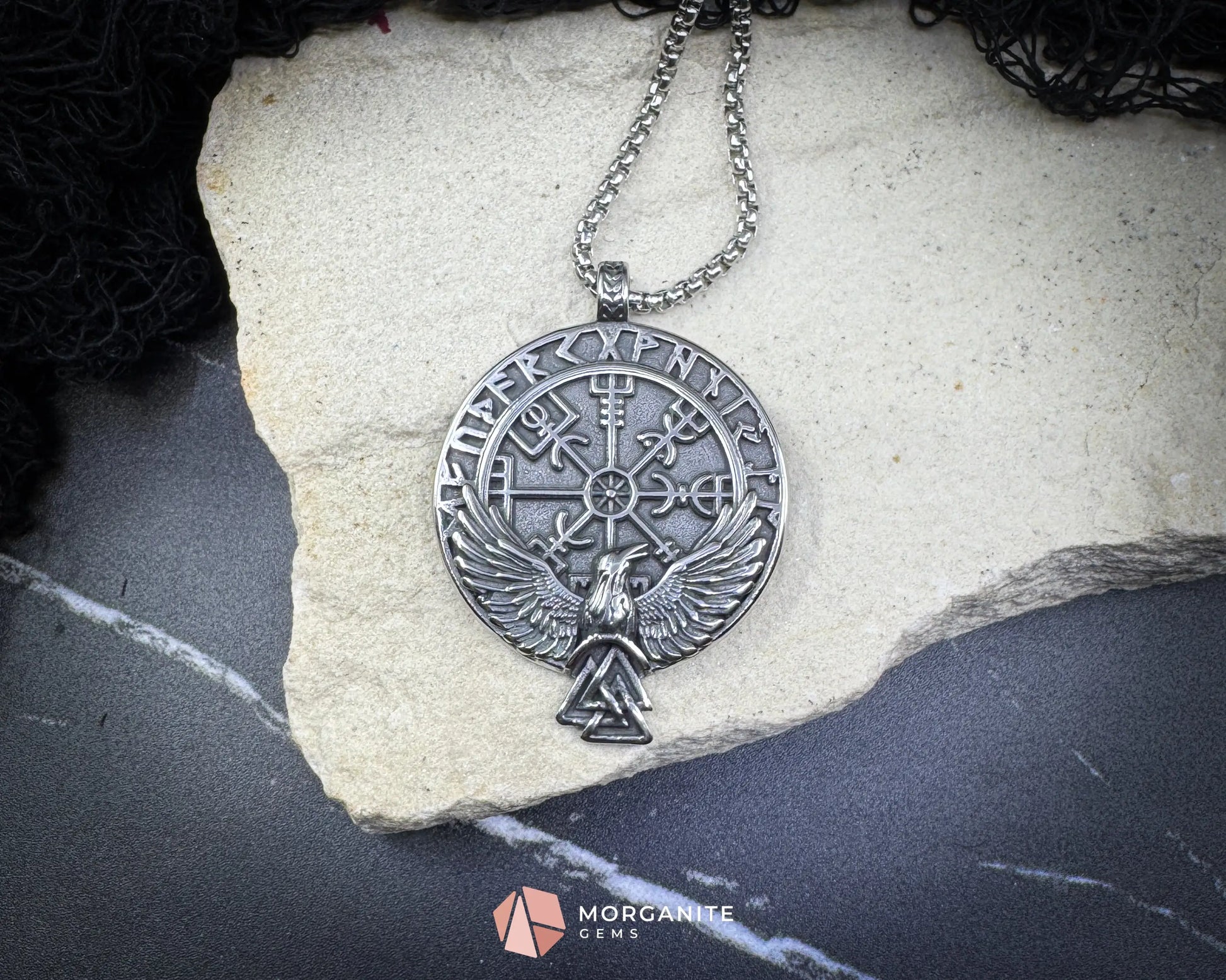 Viking Rune with Raven Pendant Necklace – Stainless Steel Norse Amulet - Jewelry